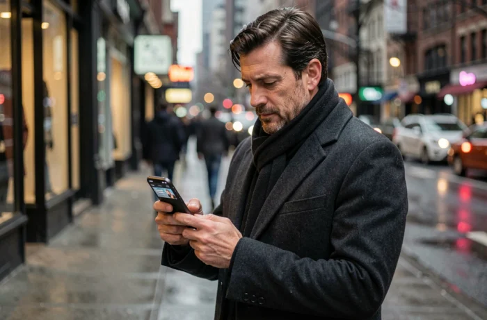 Homme en ville consultant les actualités et tendances numériques sur son smartphone en 2024