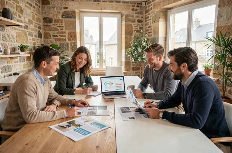 Équipe d'une agence de communication bretonne réunie autour d'une table de réunion moderne avec des maquettes de campagne