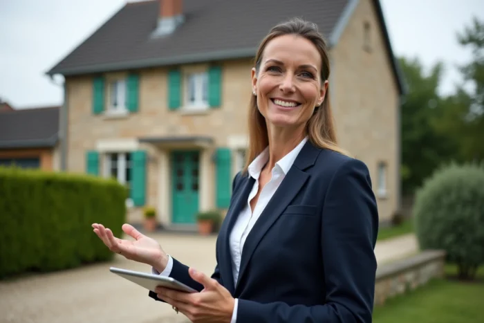 Agent immobilière professionnelle devant une maison à vendre avec panneau immobilier, illustrant le processus de vente d'un bien