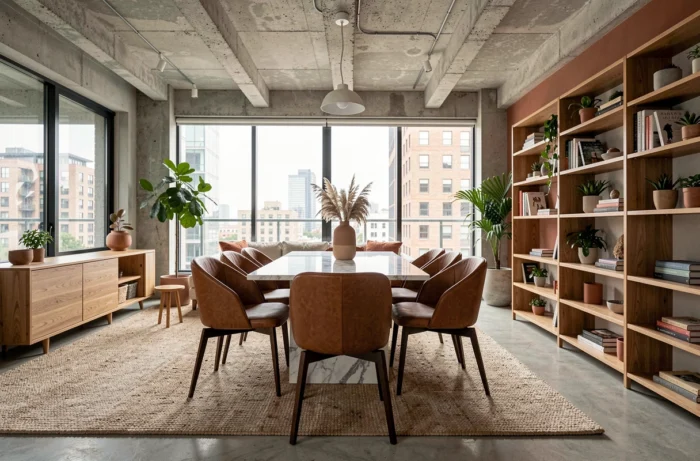 Salon et salle à manger en open space aménagés avec style, mêlant matériaux naturels et mobilier contemporain