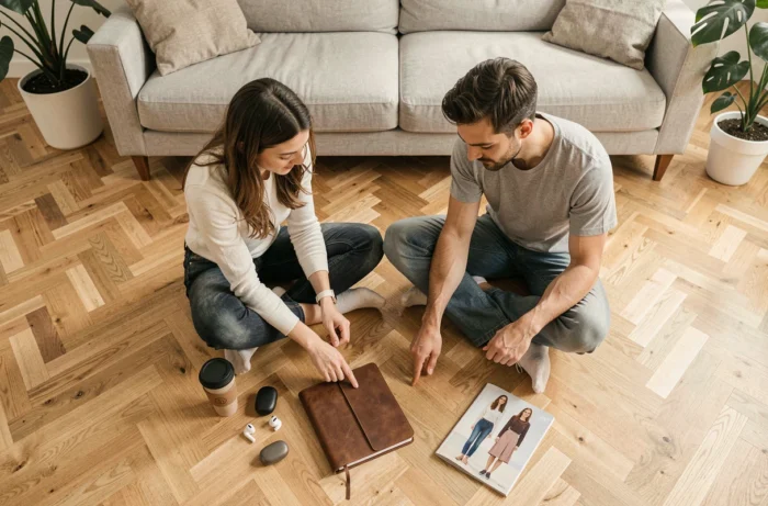 Deux amis explorant des bons plans lifestyle en appartement, entourés d'accessoires tendance en flat lay