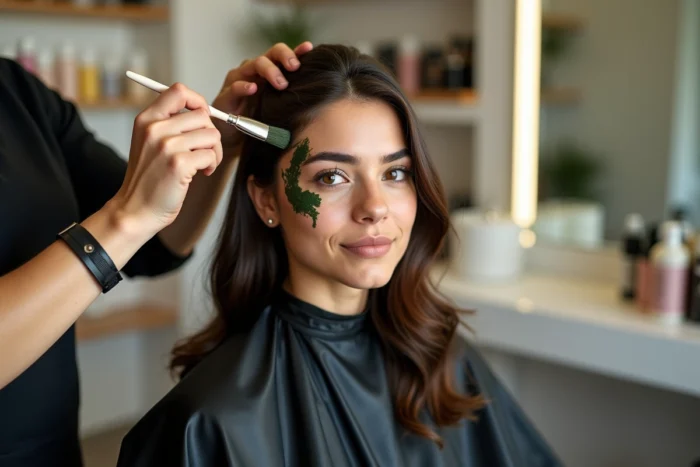 Application de henné sur des cheveux bruns naturels en salon, texture de pâte de henné visible sur les mèches sombres