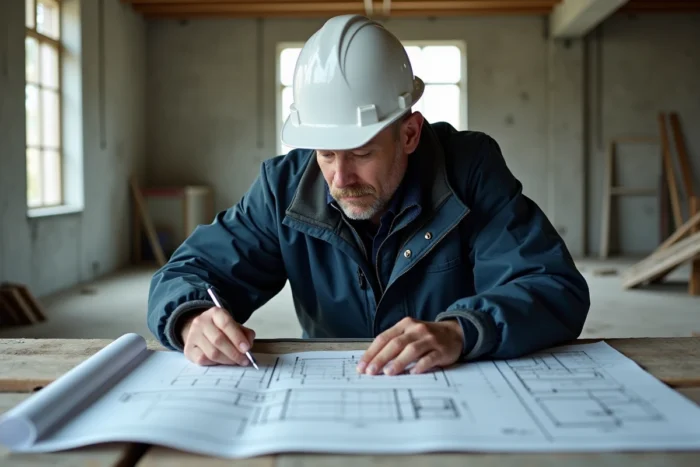 Architecte consultant un plan technique sur chantier en rapport avec la norme NF P 01-012
