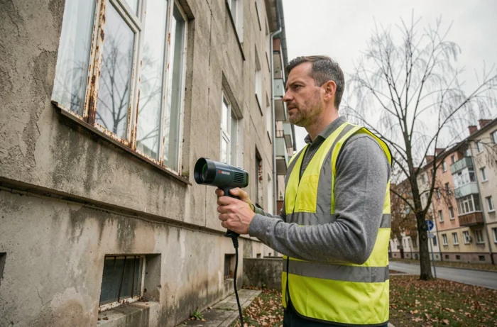 Technicien réalisant un audit énergétique sur la façade d'un immeuble en copropriété