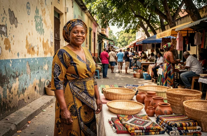 Femme africaine présentant ses créations artisanales sur un marché urbain, symbole de l'autonomisation économique des femmes à travers le monde