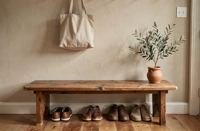 Entrée avec un banc en bois massif au grain naturel apparent, chaussures rangées en dessous et sac en lin accroché à un crochet mural.