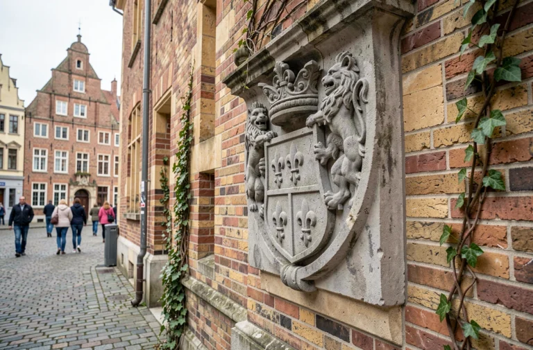 Blason sculpté de la ville de Lille sur une façade en briques flamandes historiques avec motifs fleur-de-lis et lion