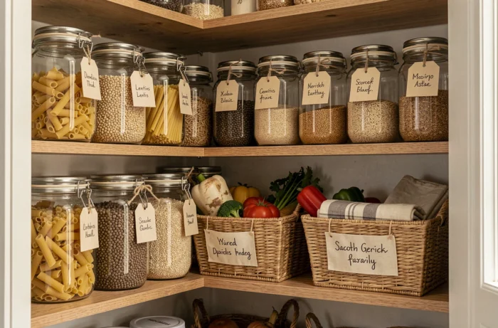 Étagère de cuisine avec des bocaux en verre étiquetés à la main remplis de légumineuses et des paniers en jonc de mer avec étiquettes contenant linge et légumes.