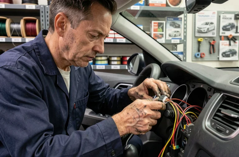 Technicien automobile connectant un faisceau de câbles derrière le tableau de bord d'une Peugeot lors d'un branchement autoradio