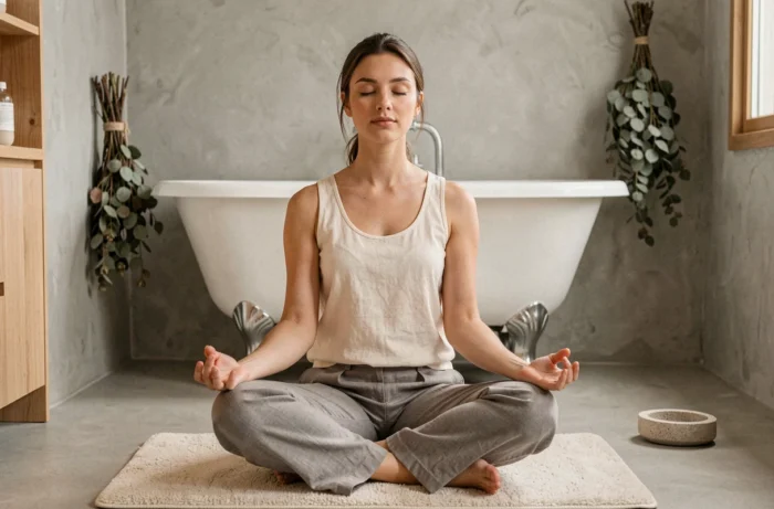 Jeune femme en méditation assise sur un tapis de bain devant une baignoire dans une atmosphère spirituelle apaisante