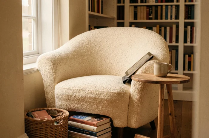Coin lecture douillet avec un fauteuil bouclé crème installé dans une alcôve, une liseuse posée sur l'accoudoir et une petite table d'appoint.