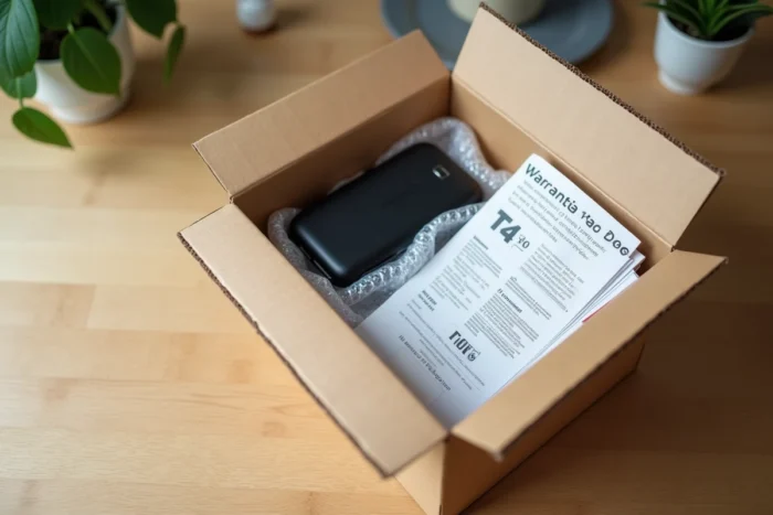Colis Cdiscount ouvert avec certificat de garantie et bon de retour posés sur une table en bois