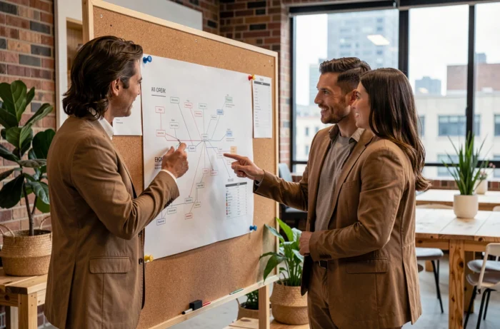 Deux collègues analysant un plan de site imprimé sur un tableau en liège dans un espace de coworking écologique
