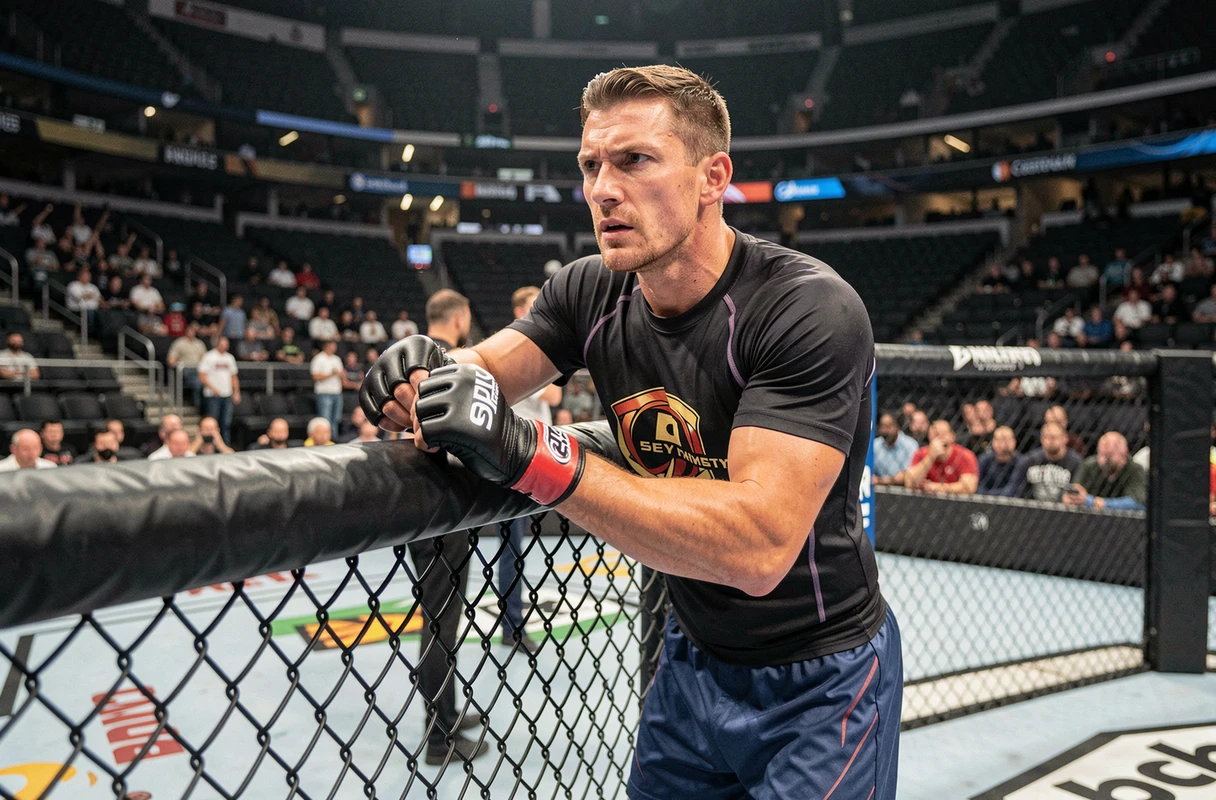 Combattant MMA agrippant la cage d'un octogone vide dans une grande arène professionnelle, symbolisant la carrière de compétiteur de Tito Ortiz