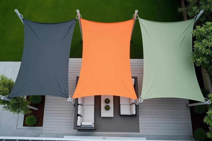 Vue aérienne de trois voiles d'ombrage rectangulaires de couleurs différentes tendus au-dessus d'une terrasse moderne en bois composite