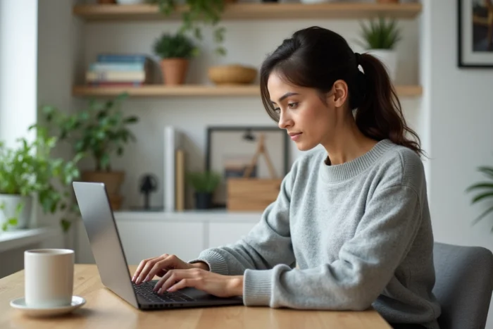 Femme comparant des annonces immobilières sur les plateformes 123 SeLoger et 123 Loger depuis son bureau à domicile