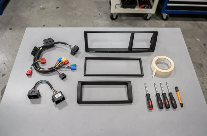 Vue à plat des composants et outils nécessaires pour le branchement d'un autoradio Peugeot sur un établi d'atelier