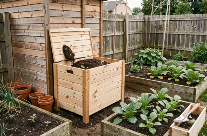 Station de compostage extérieure avec bac en bois Ikea pour la valorisation des toilettes sèches au jardin