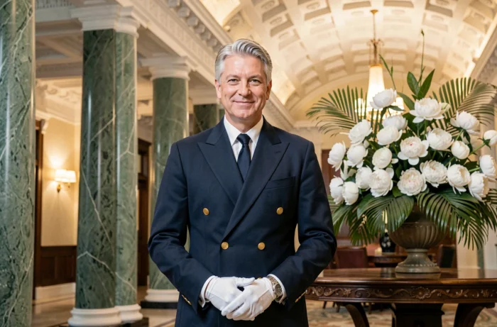 Concierge en uniforme d'un palace 6 étoiles dans un lobby majestueux orné de colonnes en marbre et de fleurs