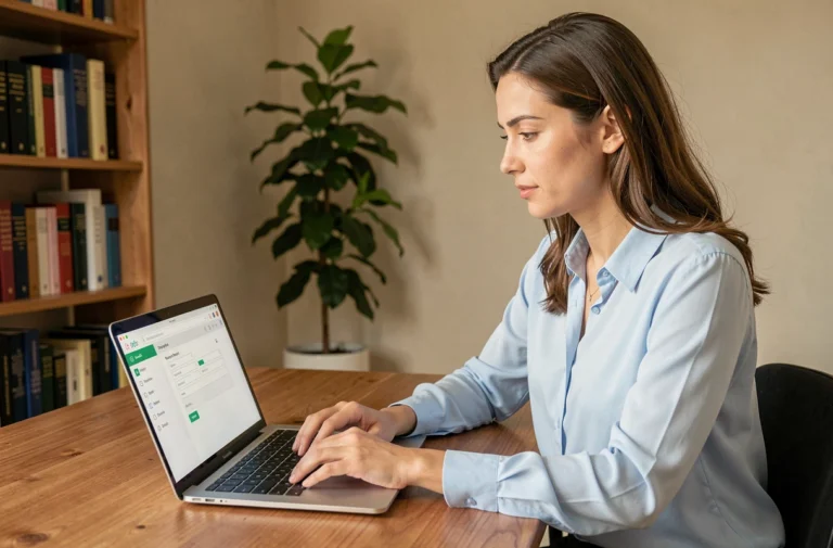 Femme configurant une boite mail académique Montpellier sur un ordinateur portable dans un bureau à domicile