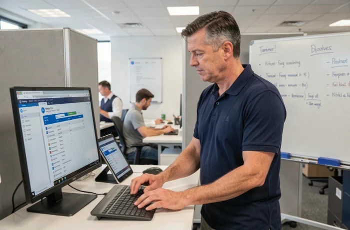 Administrateur académique configurant la boite mail Montpellier sur ordinateur de bureau et tablette dans un open space professionnel
