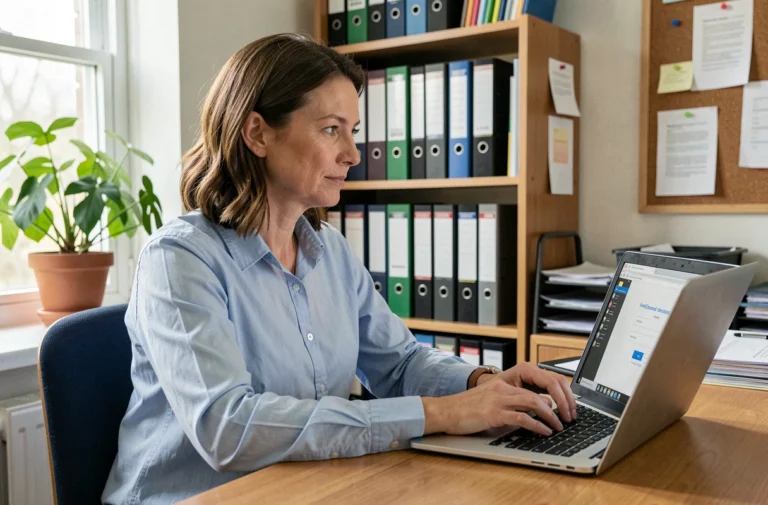 Enseignante connectée au webmail académique de Nantes sur un ordinateur portable dans un bureau scolaire
