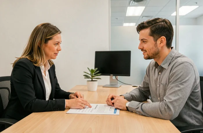 Conseiller Pôle emploi en entretien avec un demandeur d'emploi pour élaborer un plan d'action personnalisé