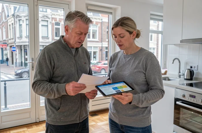 Couple bruxellois consultant des documents sur les primes de rénovation pour remplacer leur chaudière au mazout