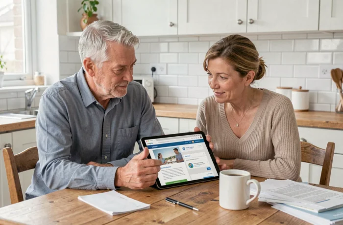 Couple consultant ensemble des informations de santé sur une tablette dans leur cuisine