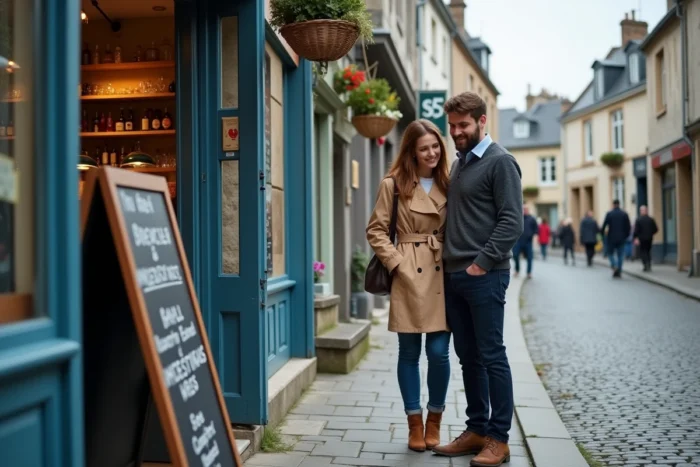 Couple devant la devanture d'une crêperie traditionnelle dans une rue pavée du centre historique de Quimper avec un menu ardoise
