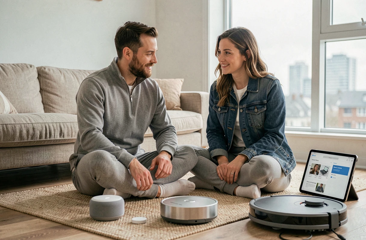 Couple découvrant et installant des gadgets high-tech smart home sur le sol de leur appartement en 2024