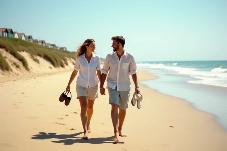 Couple se promenant pieds nus sur la plage de Montalivet en été, avec dunes et cabanes de plage en arrière-plan
