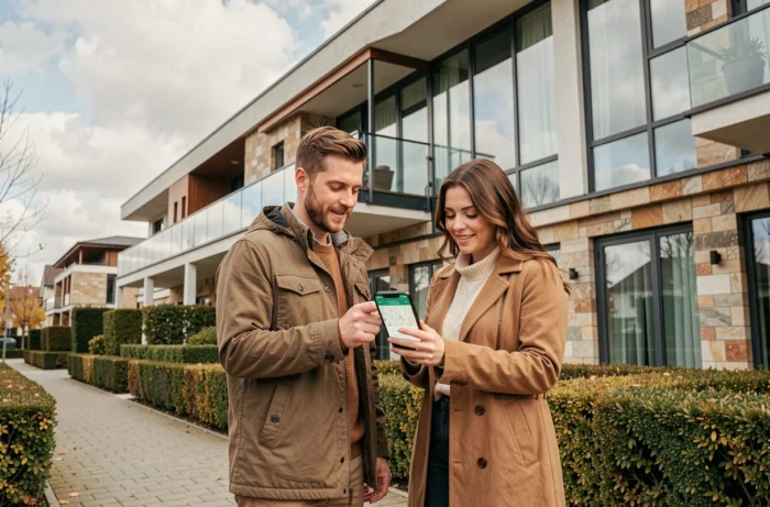 Couple consultant le plan du site d'un promoteur immobilier sur smartphone devant une résidence moderne