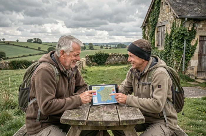 Couple consultant une carte de prévisions météo France sur une tablette près d'une ferme rurale française sous un ciel nuageux