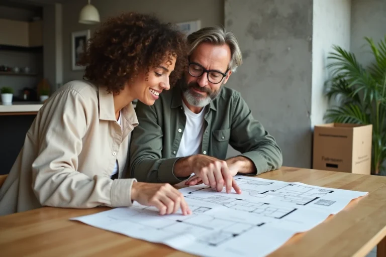 Couple consultant des plans immobiliers sur une table en bois dans un appartement moderne, évoquant un projet d'achat immobilier