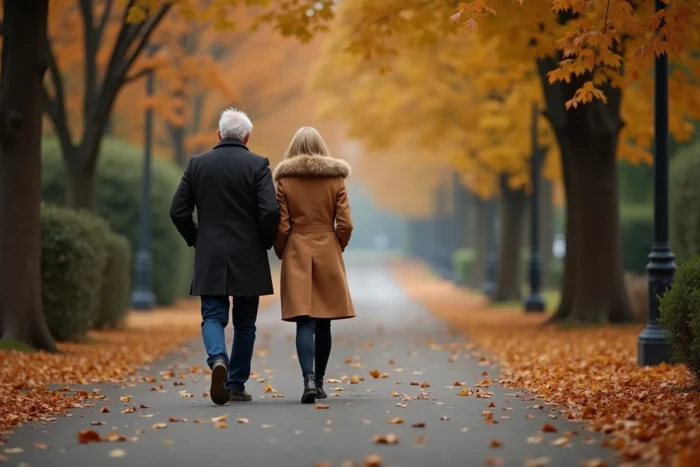 Couple discret se promenant sur une avenue parisienne en automne, symbolisant une relation amoureuse préservée des regards