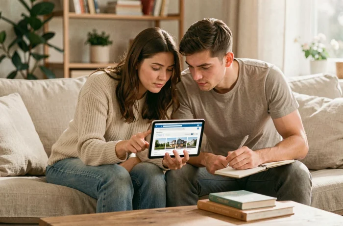 Couple analysant ensemble les offres et avis sur le site de location immobilière 123loger.com depuis une tablette