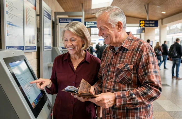 Couple de retraités SNCF renouvelant le pass Carmillon à une borne automatique en gare