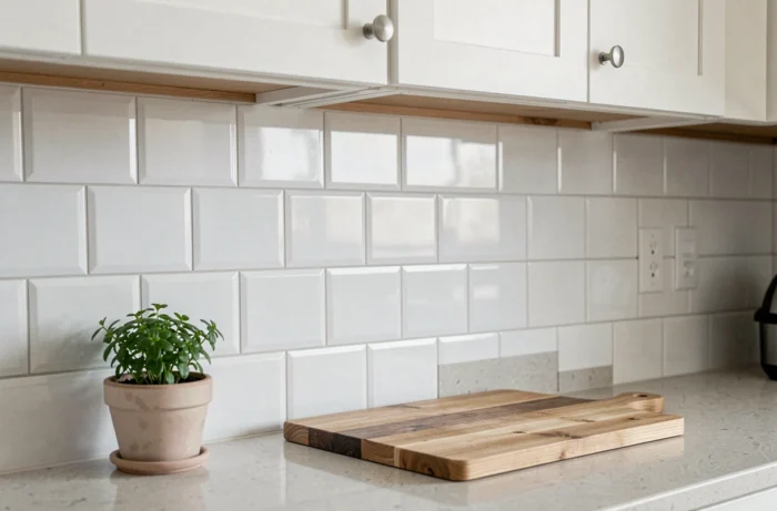 Crédence de cuisine rénovée avec des adhésifs vinyle imitation carrelage métro blanc, avec planche à découper et pot d'herbes aromatiques au premier plan.