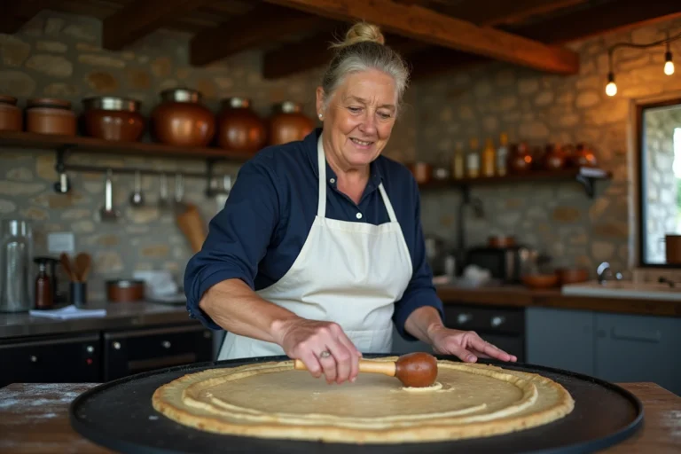 Crêpière bretonne en train d'étaler une galette de sarrasin sur un billig en fonte dans une crêperie rustique en pierre