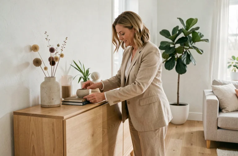 Femme arrangeant des objets décoratifs sur un meuble scandinave dans un salon minimaliste et élégant