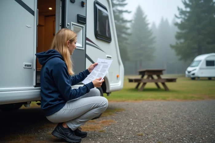Femme consultant un guide de dépannage devant la trappe de service d'une caravane avec un chauffage Truma Combi visible