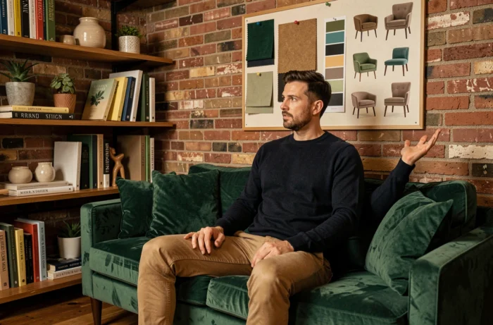 Designer d'intérieur présentant un moodboard de décoration dans un espace studio chaleureux et créatif