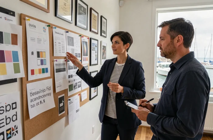 Directrice créative d'une agence marketing en Bretagne présentant une planche de tendances à son collaborateur