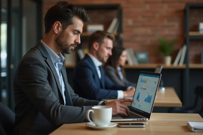 Dirigeant B2B travaillant sur une plateforme de partenariat digital dans un espace de coworking haut de gamme
