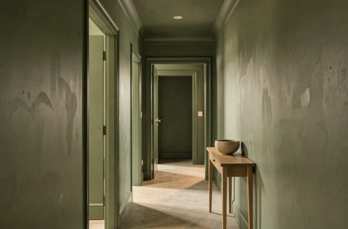 Couloir entièrement peint en vert sauge profond avec la technique du drenching, du sol au plafond, incluant boiseries et cadre de porte.