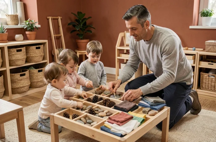 Éducateur Montessori guidant des tout-petits dans une activité de tri par catégories avec des objets naturels dans une salle de classe lumineuse et organisée