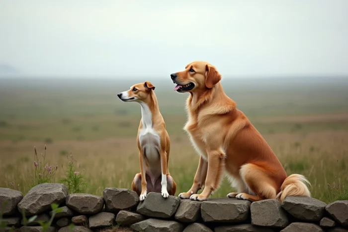 Un Golden Retriever et un Whippet côte à côte sur un muret face aux plaines des bruyères de Bourgogne