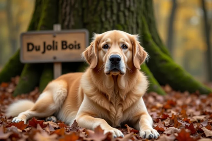 Golden Retriever femelle allongée dans les bois de Bresse près de Saint-Christophe-en-Bresse pour l'élevage Du Joli Bois