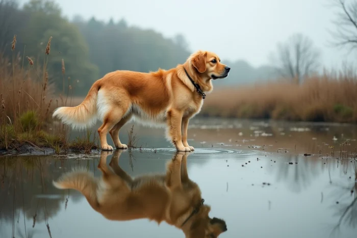 Golden Retriever au bord d'un étang dans la région des Mille Étangs en Haute-Saône pour l'élevage du Rivage